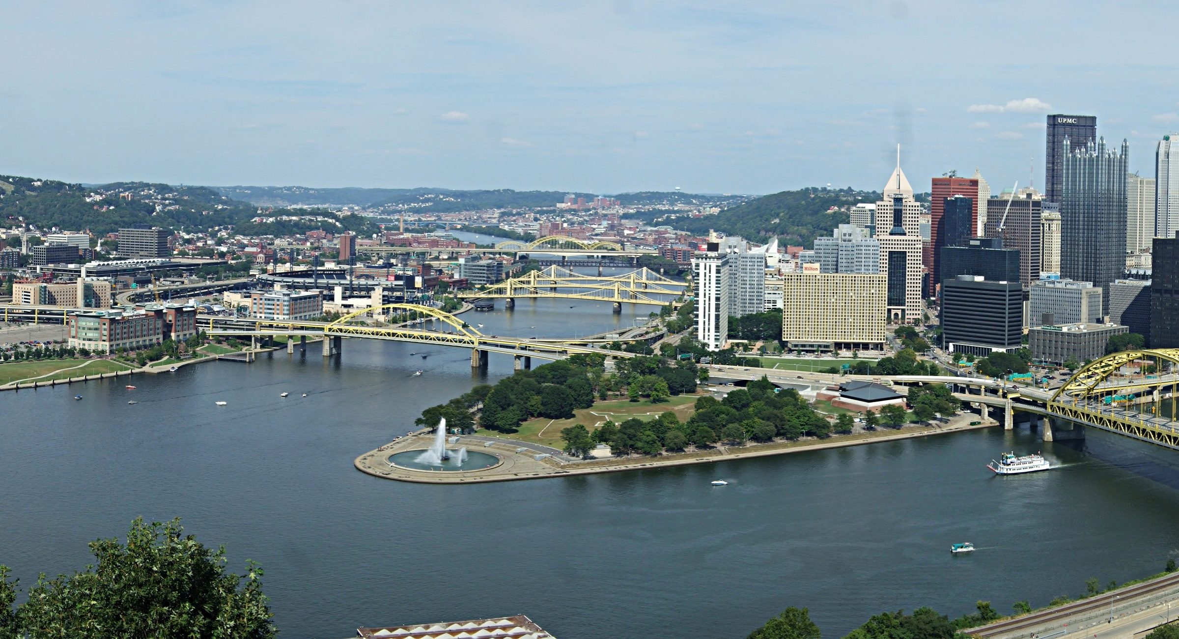 Pittsburgh skyline with the city's iconic river bridges